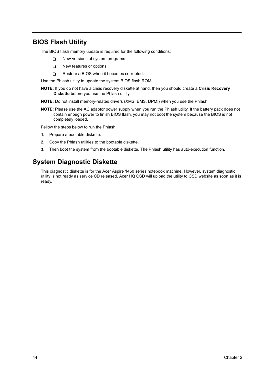 Bios flash utility, System diagnostic diskette | Acer 3000 User Manual | Page 52 / 109
