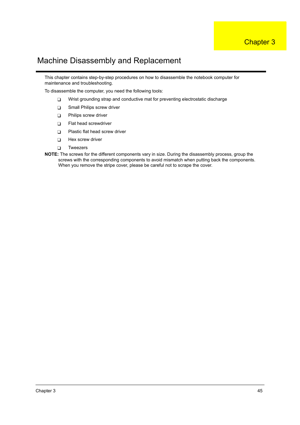 Ch.3 machine disassembly and replacement, Machine disassembly and replacement, Chapter 3 | Acer 3000 User Manual | Page 53 / 109