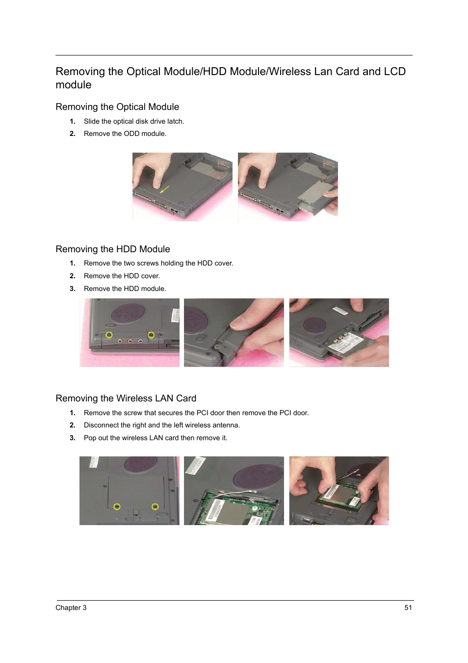 Removing the optical module, Removing the hdd module, Removing the wireless lan card | Acer 3000 User Manual | Page 59 / 109