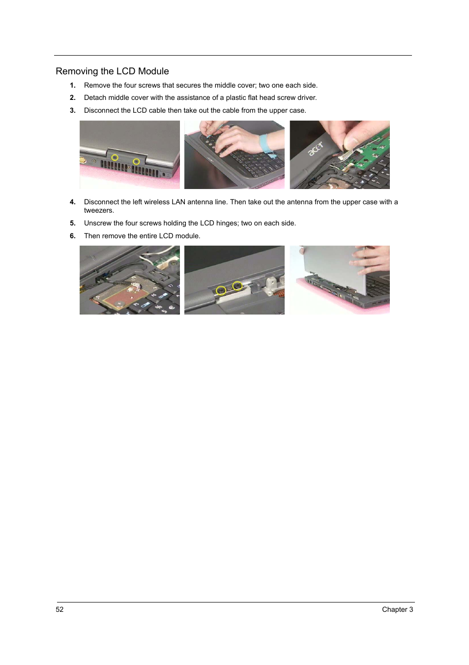 Removing the lcd module | Acer 3000 User Manual | Page 60 / 109