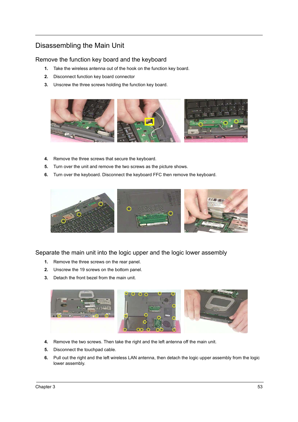 Disassembling the main unit, Remove the function key board and the keyboard | Acer 3000 User Manual | Page 61 / 109
