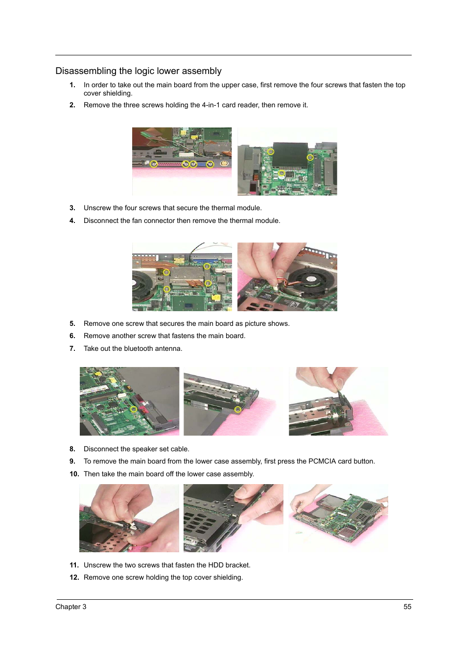 Disassembling the logic lower assembly | Acer 3000 User Manual | Page 63 / 109