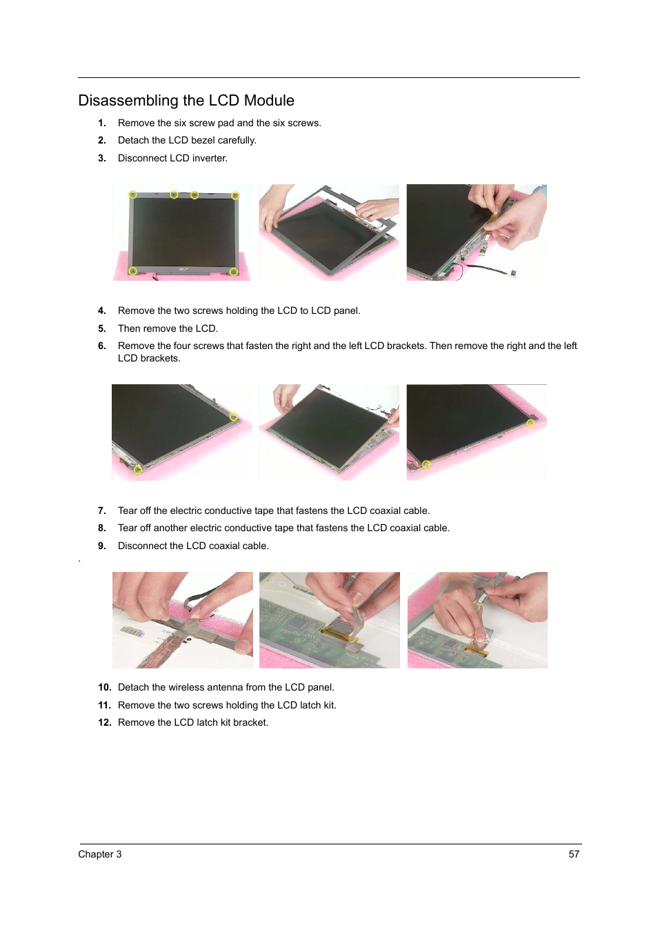 Disassembling the lcd module | Acer 3000 User Manual | Page 65 / 109