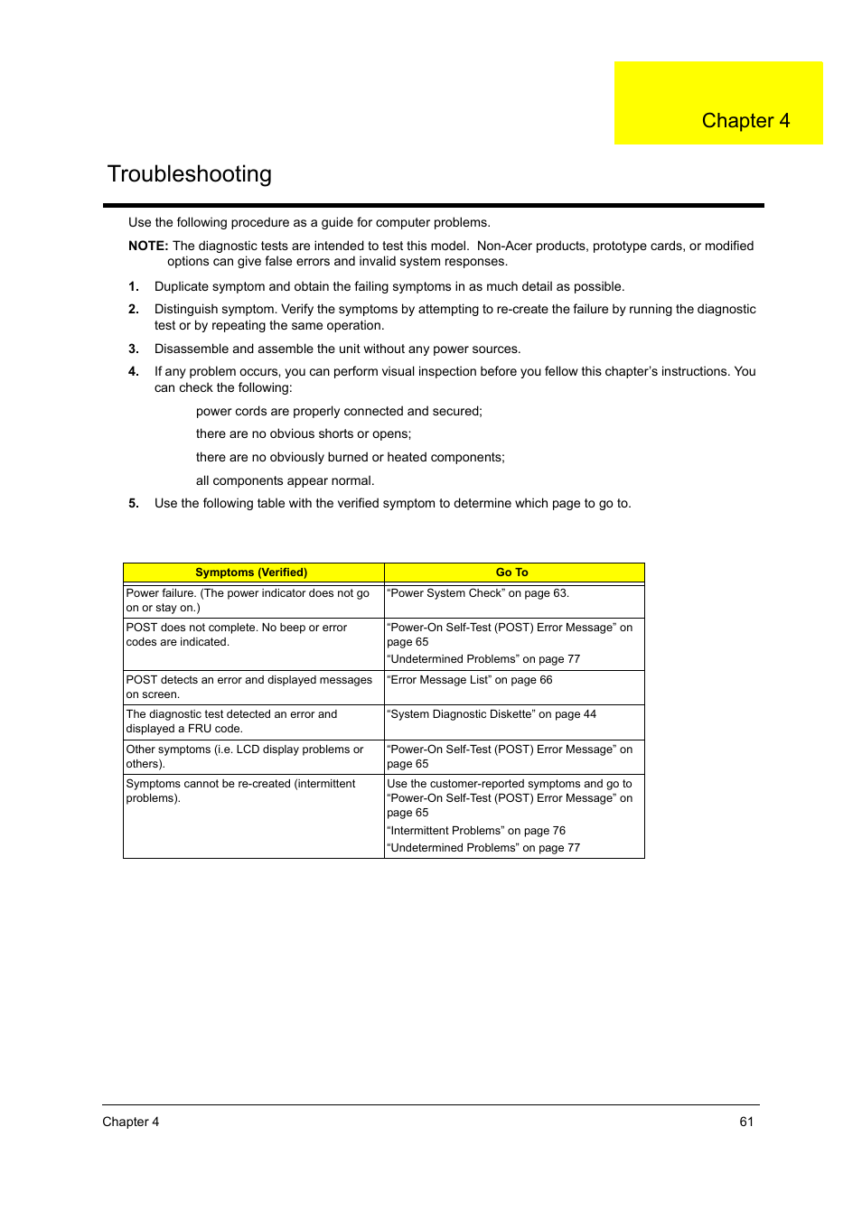 Ch.4 troubleshooting, Troubleshooting, Chapter 4 | Acer 3000 User Manual | Page 69 / 109