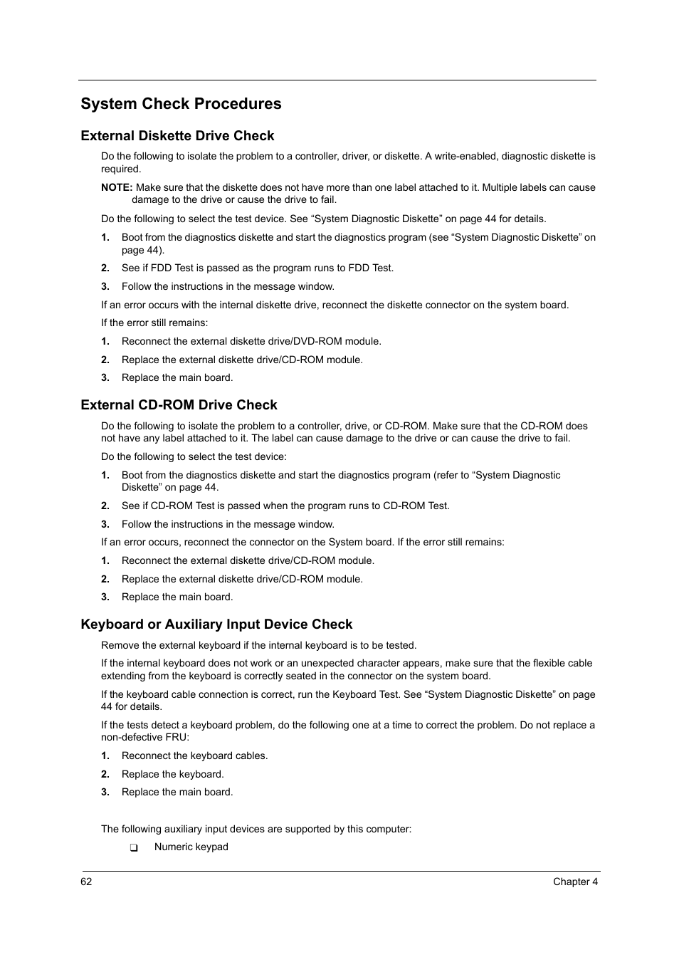 System check procedures, External diskette drive check, External cd-rom drive check | Keyboard or auxiliary input device check | Acer 3000 User Manual | Page 70 / 109