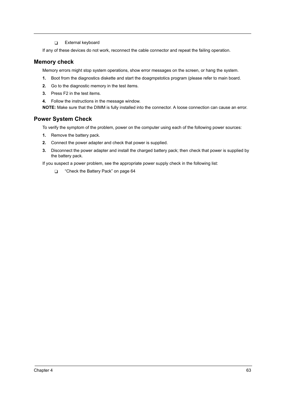 Memory check, Power system check | Acer 3000 User Manual | Page 71 / 109
