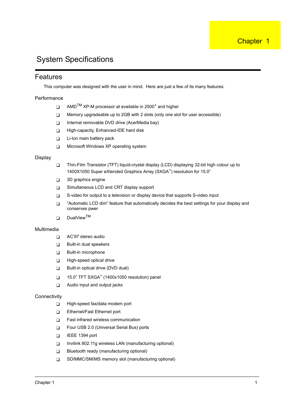 Ch.1 system specifications, Features, System specifications | Chapter 1 | Acer 3000 User Manual | Page 9 / 109