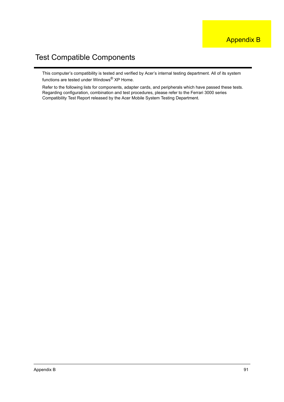 App.b test compatible components, Test compatible components, Appendix b | Acer 3000 User Manual | Page 99 / 109
