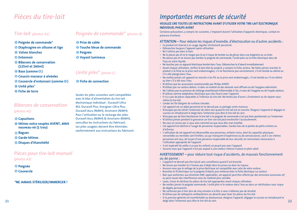 Pièces du tire-lait, Importantes mesures de sécurité, Tire-lait | Unité piles, Biberons de conservation, Pièces pour tire-lait manuel, Poignée de commande | Philips AVENT Tire-lait électronique User Manual | Page 11 / 29