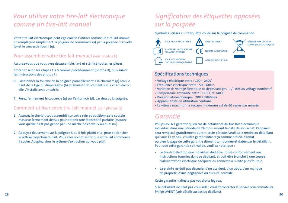 Garantie, Pour assembler votre tire-lait manuel, Comment utiliser votre tire-lait manuel | Spécifications techniques | Philips AVENT Tire-lait électronique User Manual | Page 15 / 29
