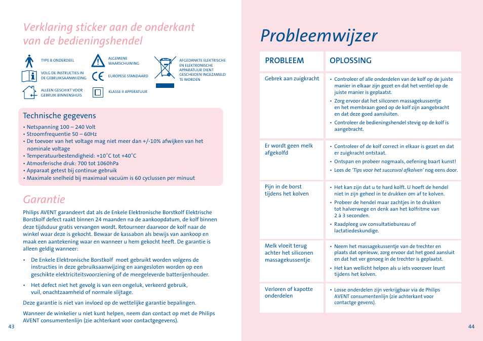 Probleemwijzer, Garantie, Technische gegevens | Oplossing probleem | Philips AVENT Tire-lait électronique User Manual | Page 22 / 29