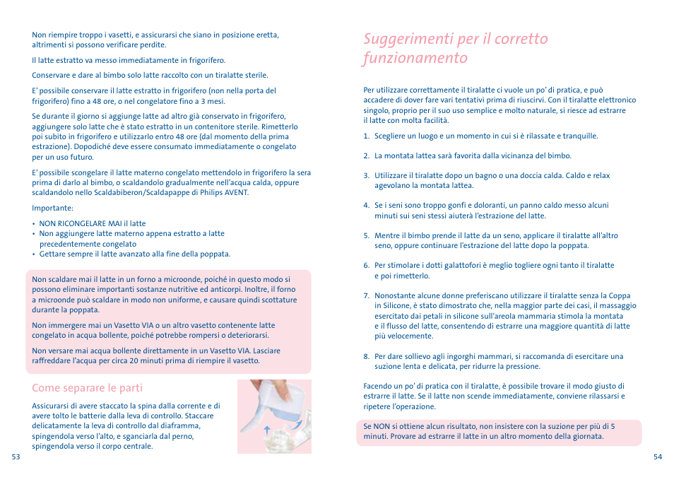 Suggerimenti per il corretto funzionamento, Come separare le parti | Philips AVENT Tire-lait électronique User Manual | Page 27 / 29