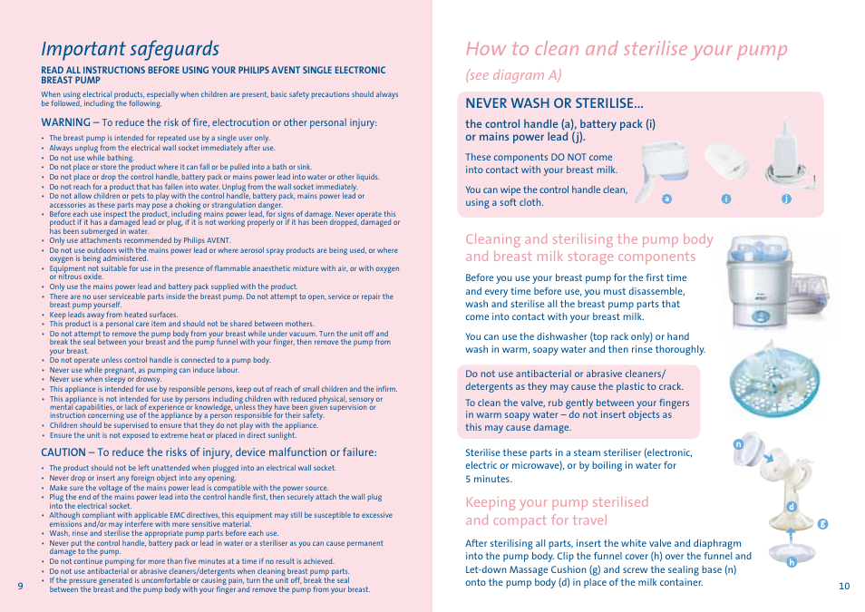 Important safeguards, How to clean and sterilise your pump, See diagram a) | Never wash or sterilise | Philips AVENT Tire-lait électronique User Manual | Page 5 / 29