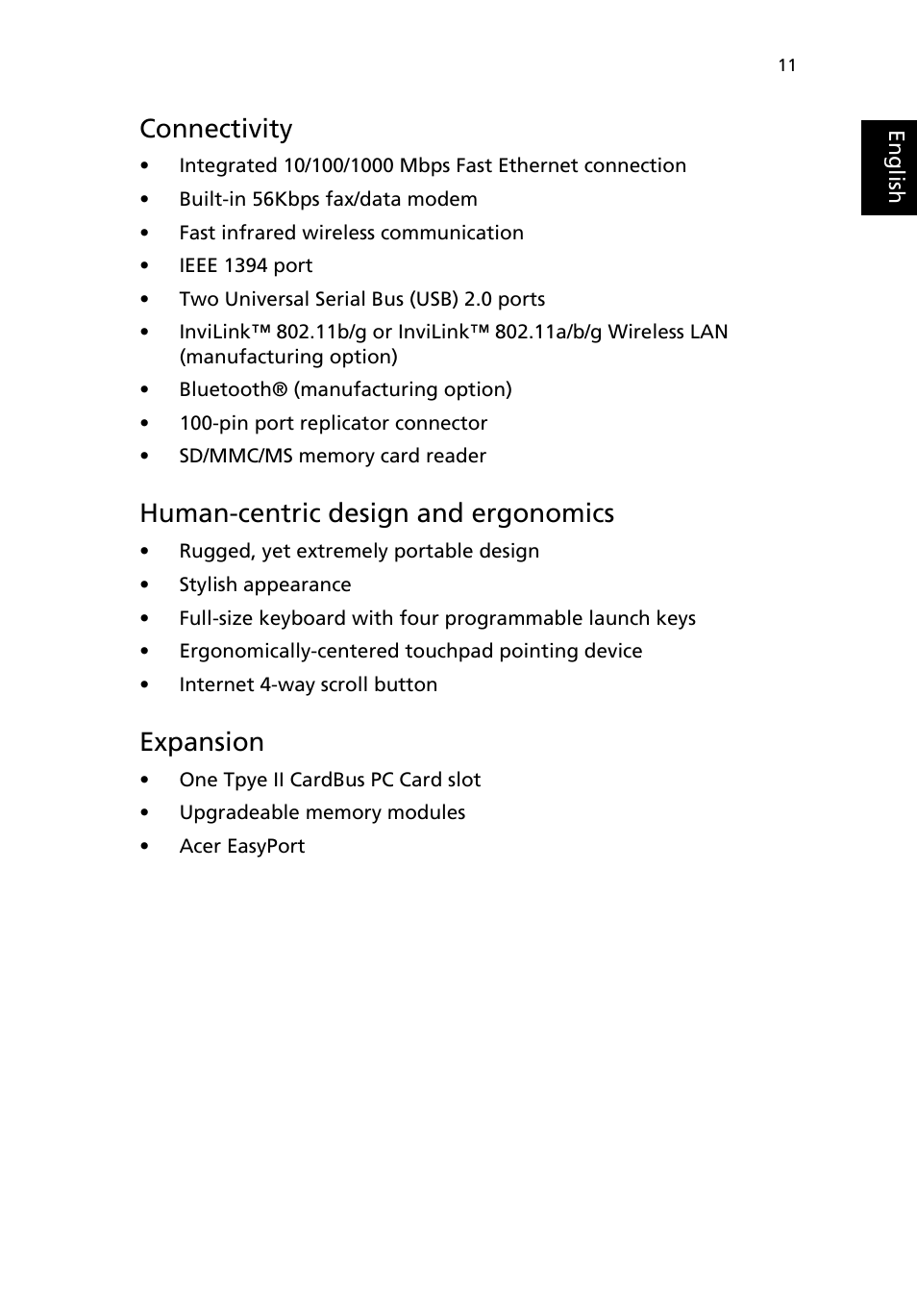 Connectivity, Human-centric design and ergonomics, Expansion | Acer 3200 Series User Manual | Page 19 / 90