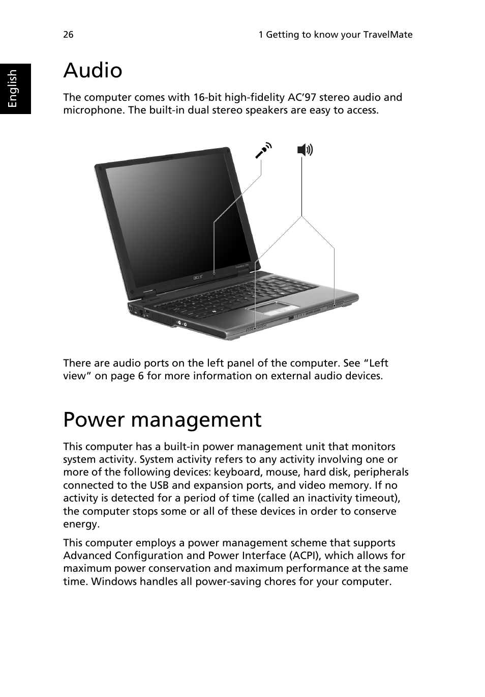 Audio, Power management | Acer 3200 Series User Manual | Page 34 / 90