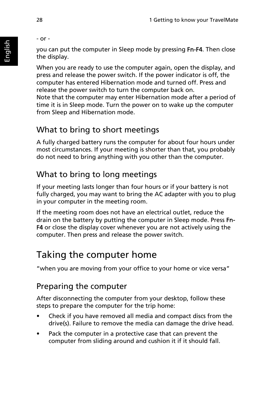 Taking the computer home, What to bring to short meetings, What to bring to long meetings | Preparing the computer | Acer 3200 Series User Manual | Page 36 / 90