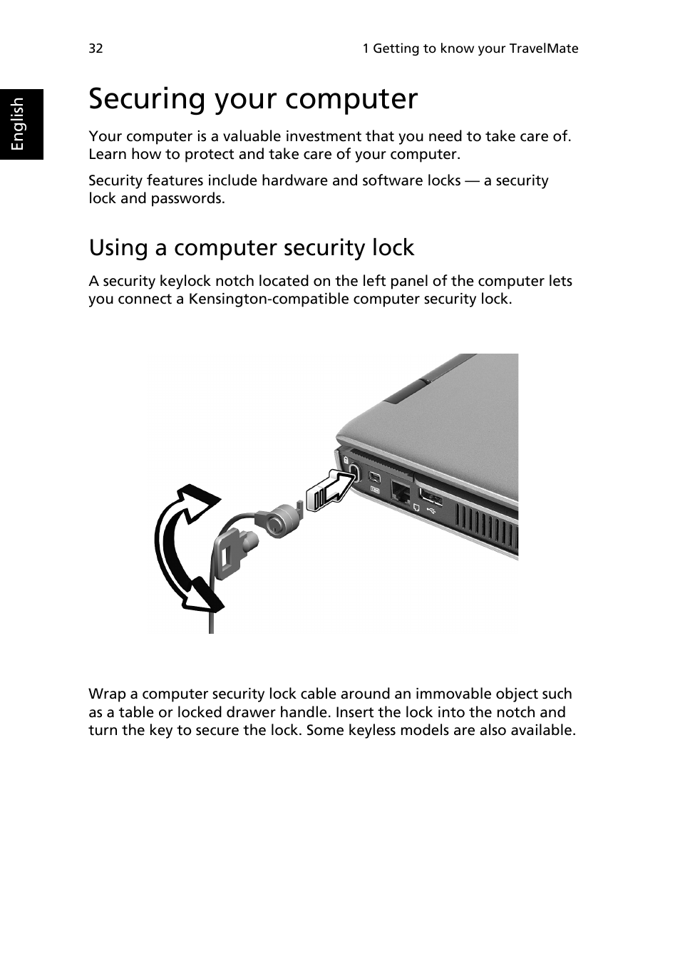 Securing your computer, Using a computer security lock | Acer 3200 Series User Manual | Page 40 / 90