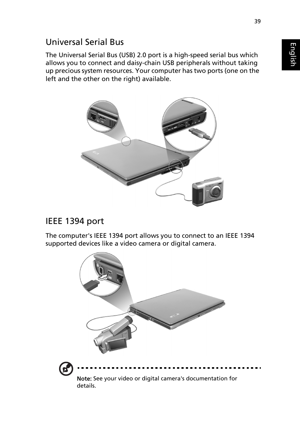 Universal serial bus, Ieee 1394 port | Acer 3200 Series User Manual | Page 47 / 90