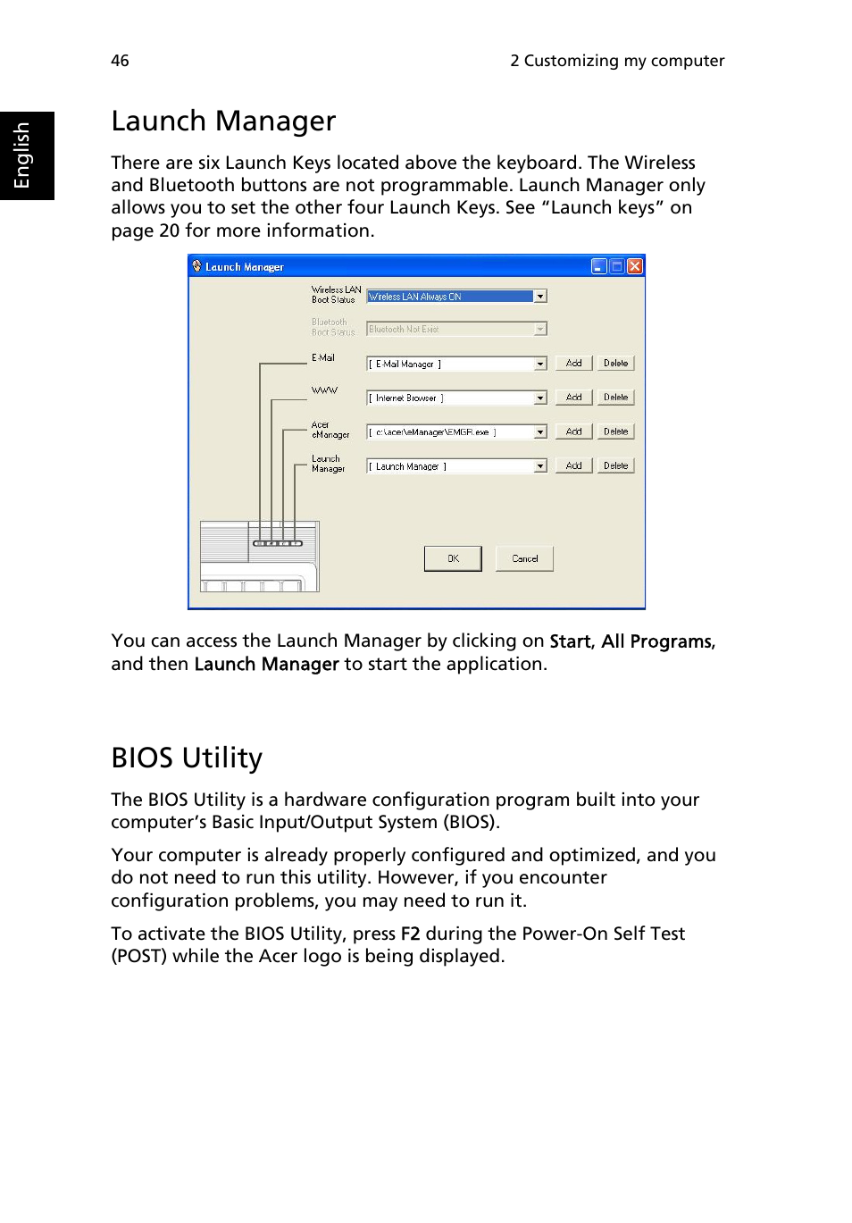 Launch manager, Bios utility | Acer 3200 Series User Manual | Page 54 / 90