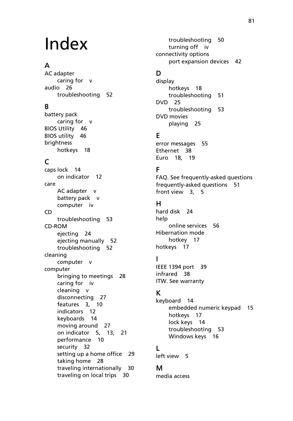 Index | Acer 3200 Series User Manual | Page 89 / 90