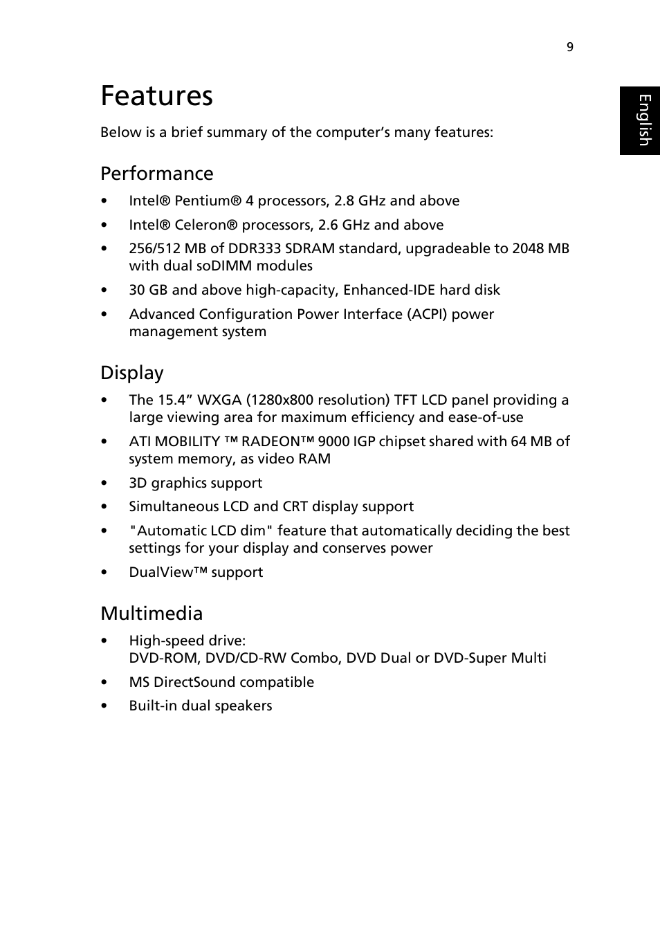 Features, Performance, Display | Multimedia | Acer TravelMate MS2154W User Manual | Page 17 / 80