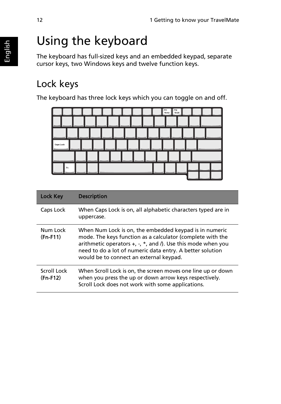 Using the keyboard, Lock keys | Acer TravelMate MS2154W User Manual | Page 20 / 80