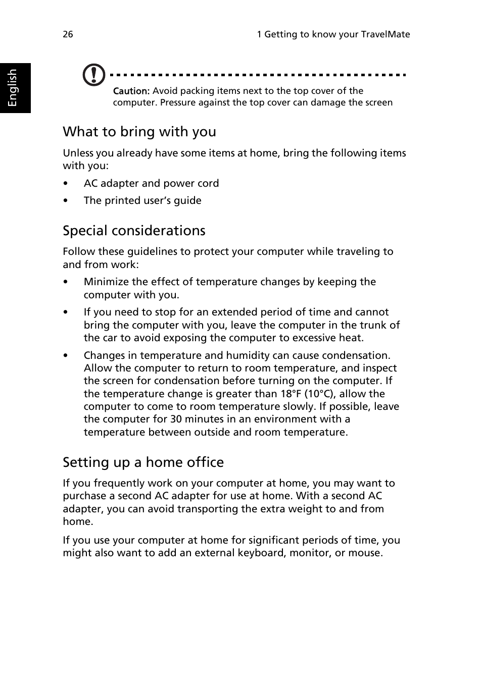 What to bring with you, Special considerations, Setting up a home office | Acer TravelMate MS2154W User Manual | Page 34 / 80