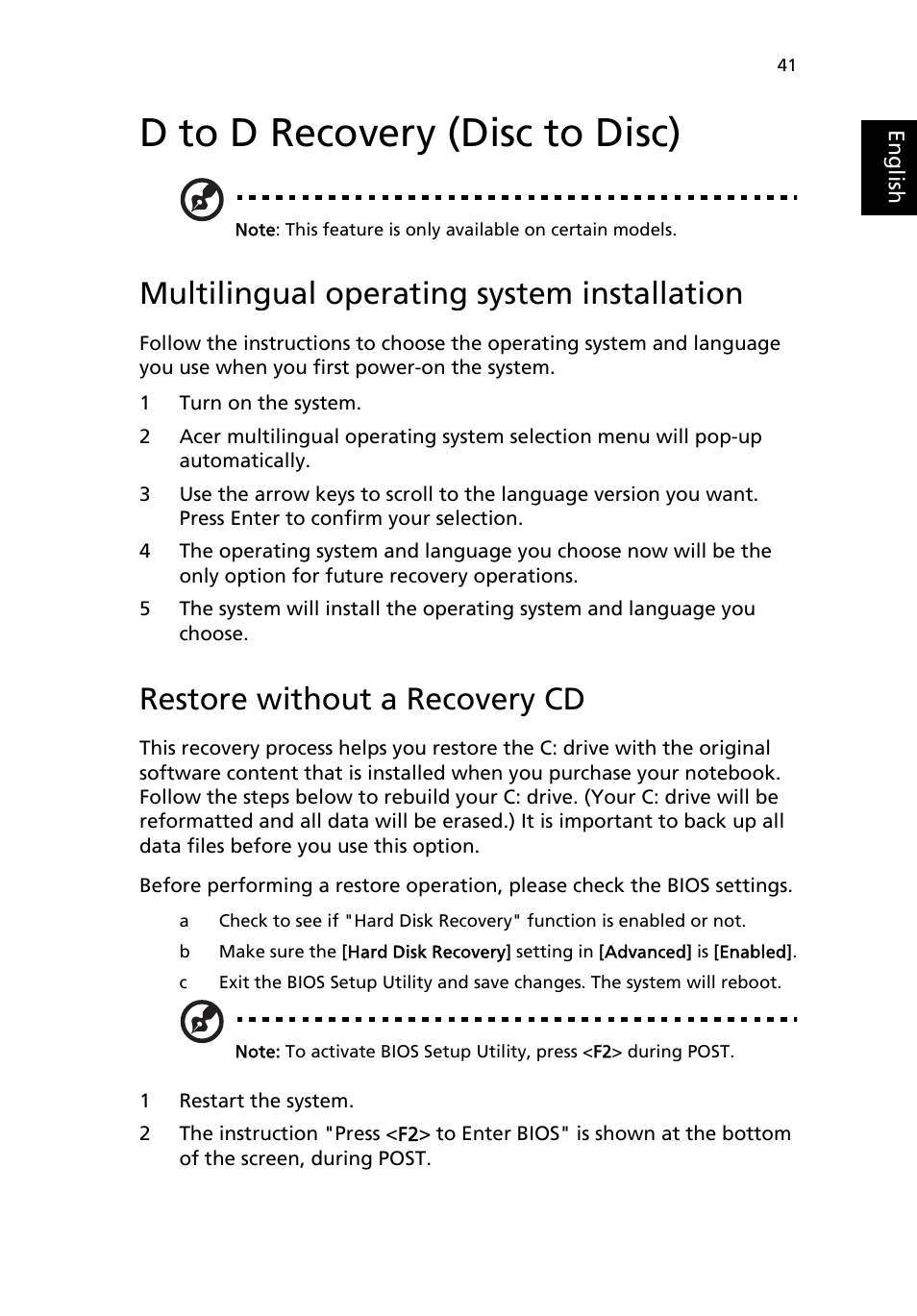 D to d recovery (disc to disc), Multilingual operating system installation, Restore without a recovery cd | Acer TravelMate MS2154W User Manual | Page 49 / 80