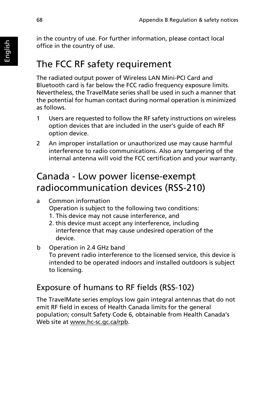 The fcc rf safety requirement, Exposure of humans to rf fields (rss-102) | Acer TravelMate MS2154W User Manual | Page 76 / 80