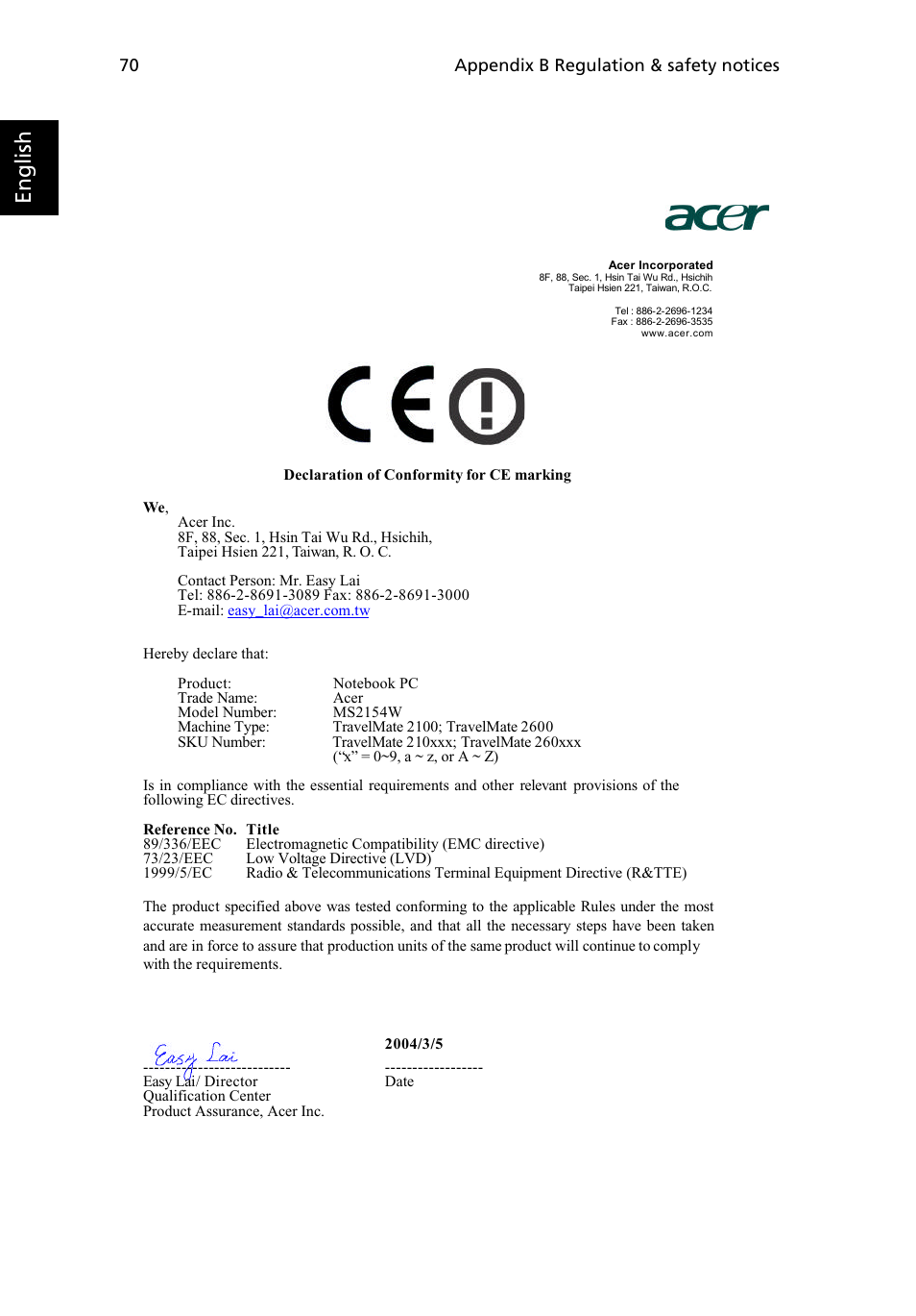 English | Acer TravelMate MS2154W User Manual | Page 78 / 80