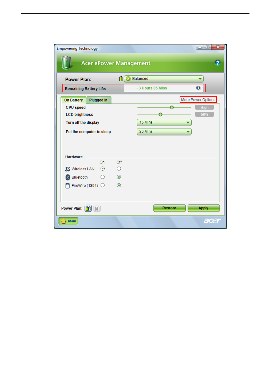 Battery status | Acer 5710 User Manual | Page 28 / 104