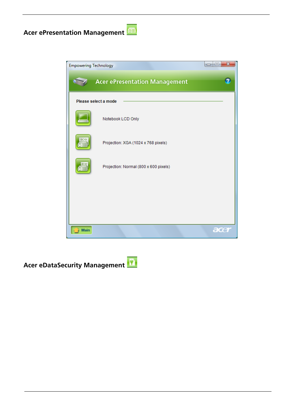 Acer epresentation management, Acer edatasecurity management | Acer 5710 User Manual | Page 30 / 104