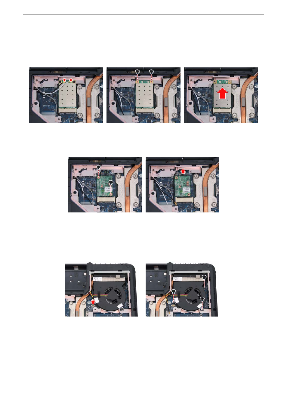 Removing the wireless lan card & modem card, Removing the system fan/thermal module and cpu | Acer 5710 User Manual | Page 63 / 104