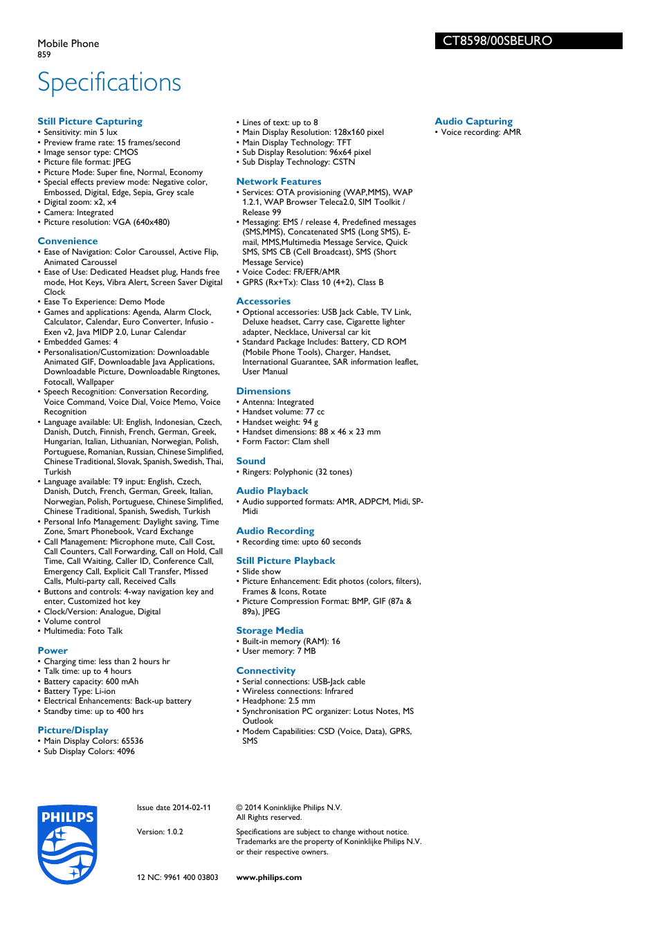 Specifications | Philips Téléphone portable User Manual | Page 3 / 3