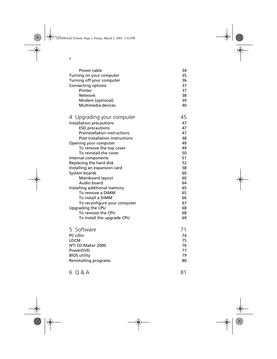 4 upgrading your computer 45, 5 software 71, 6 q & a 81 | Acer 3200 User Manual | Page 10 / 96