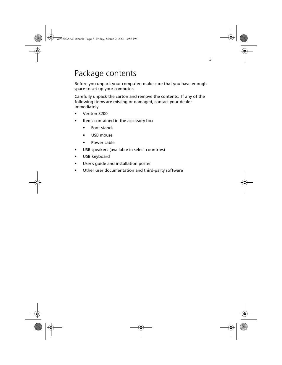 Package contents | Acer 3200 User Manual | Page 13 / 96