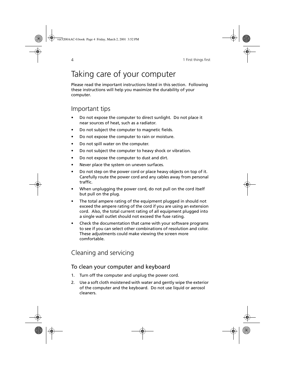 Taking care of your computer, Important tips, Cleaning and servicing | Acer 3200 User Manual | Page 14 / 96