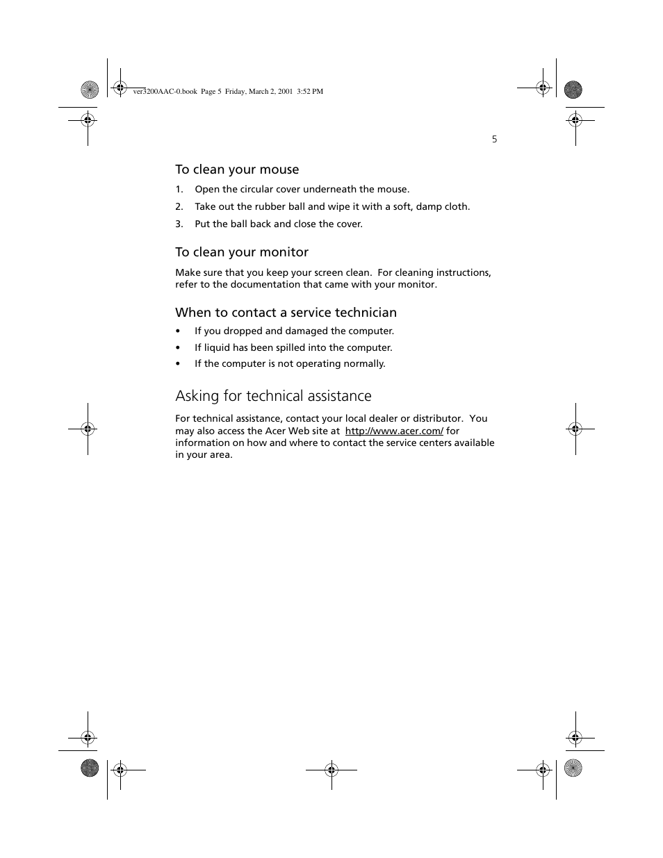 Asking for technical assistance | Acer 3200 User Manual | Page 15 / 96