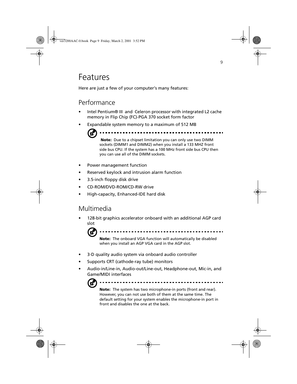 Features 9, Features, Performance | Multimedia | Acer 3200 User Manual | Page 19 / 96