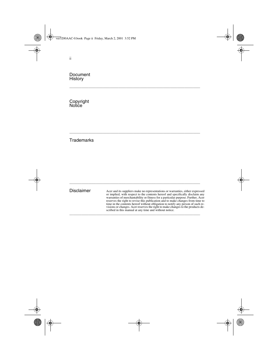 Document, History, Copyright notice | Trademarks, Disclaimer | Acer 3200 User Manual | Page 2 / 96