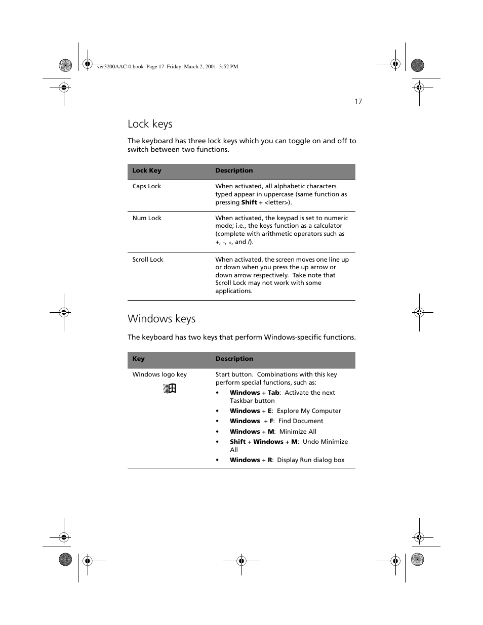 Lock keys, Windows keys | Acer 3200 User Manual | Page 27 / 96