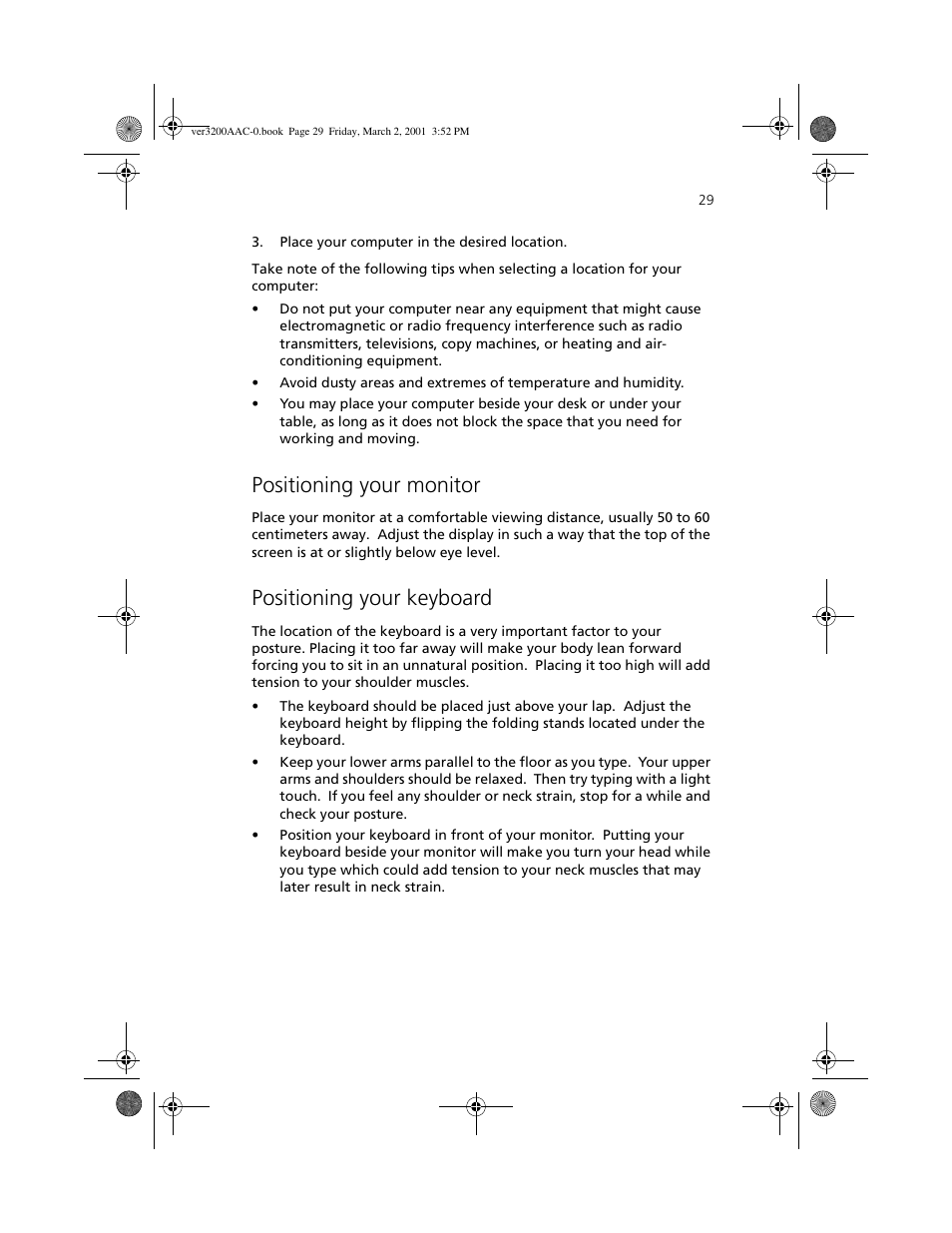 Positioning your monitor, Positioning your keyboard | Acer 3200 User Manual | Page 39 / 96