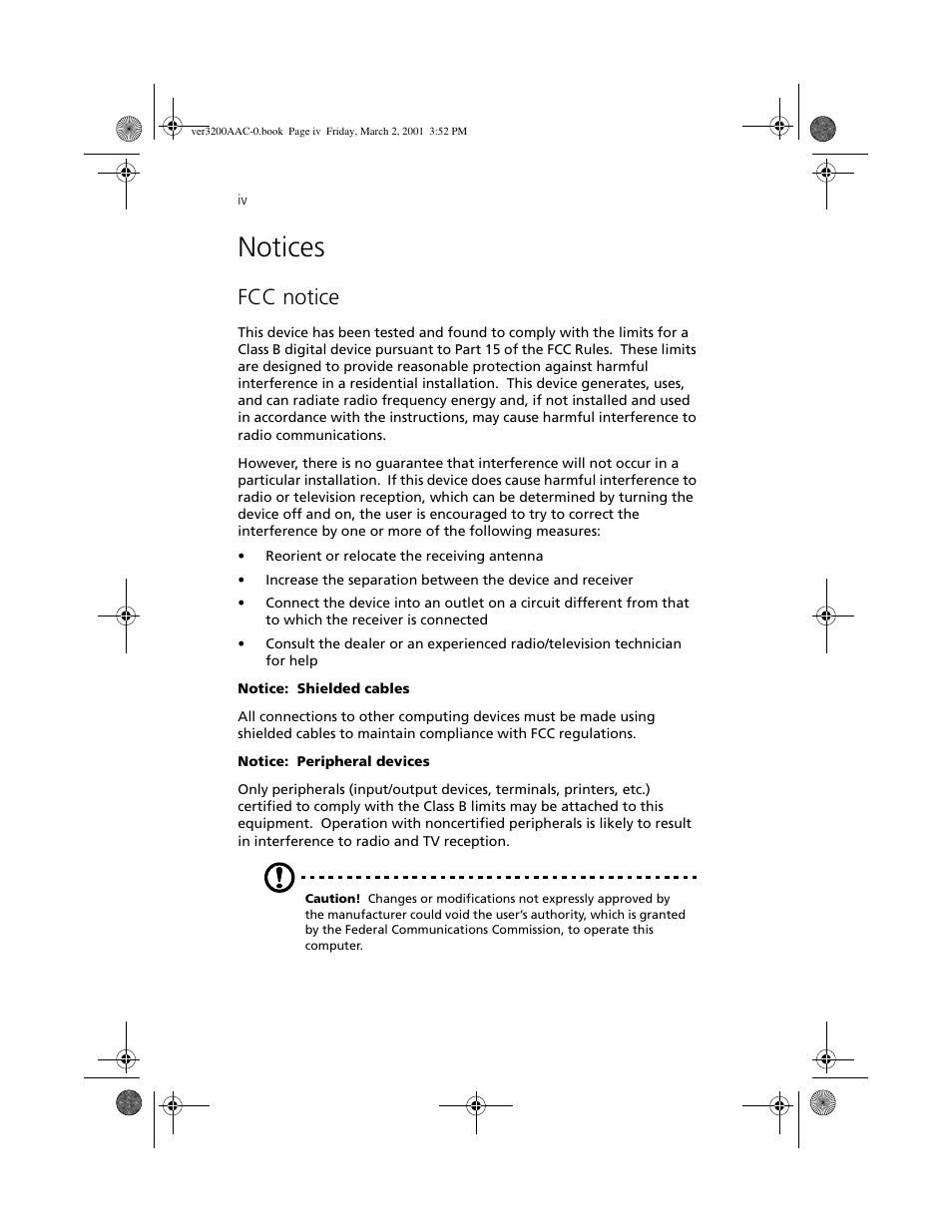 Notices, Fcc notice | Acer 3200 User Manual | Page 4 / 96