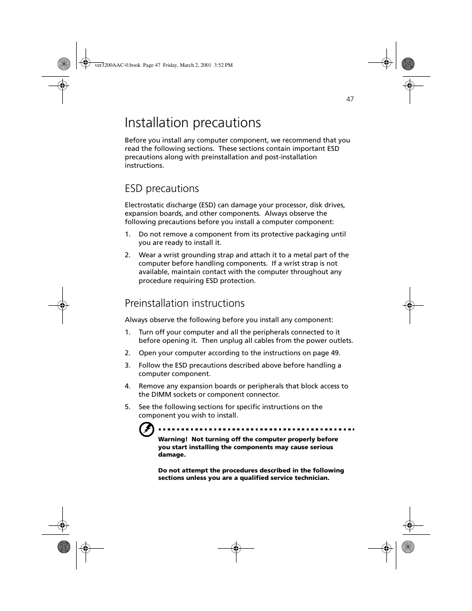 Installation precautions, Esd precautions, Preinstallation instructions | Acer 3200 User Manual | Page 57 / 96