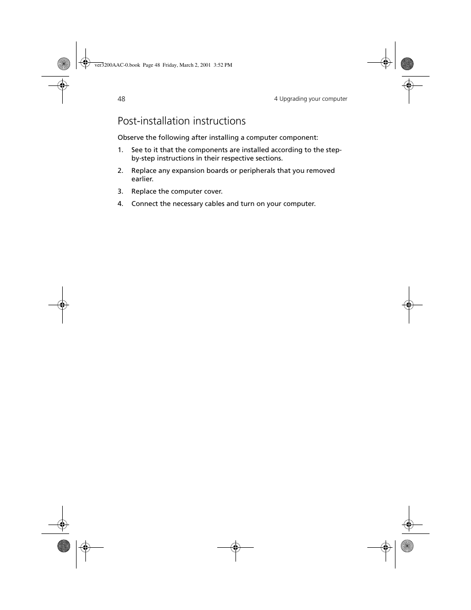 Post-installation instructions | Acer 3200 User Manual | Page 58 / 96