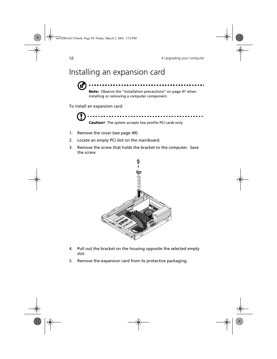 Installing an expansion card | Acer 3200 User Manual | Page 68 / 96