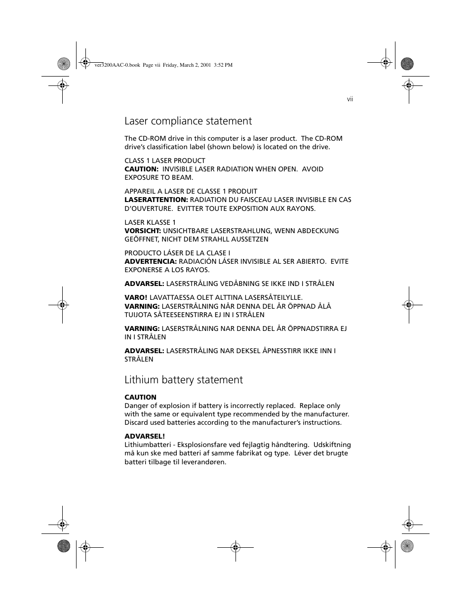 Laser compliance statement, Lithium battery statement | Acer 3200 User Manual | Page 7 / 96