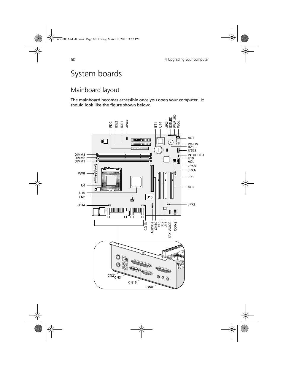 System boards, Mainboard layout | Acer 3200 User Manual | Page 70 / 96