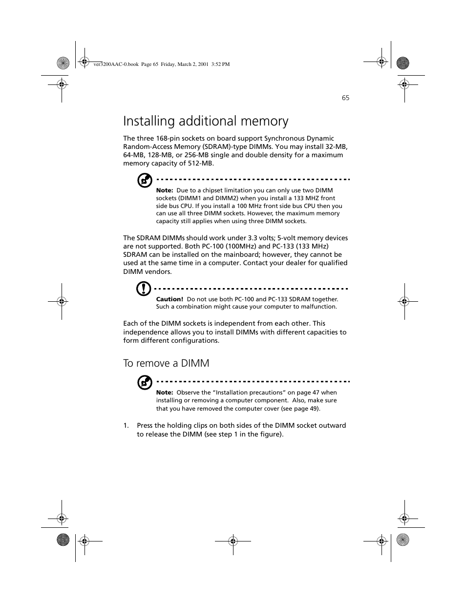 Installing additional memory | Acer 3200 User Manual | Page 75 / 96