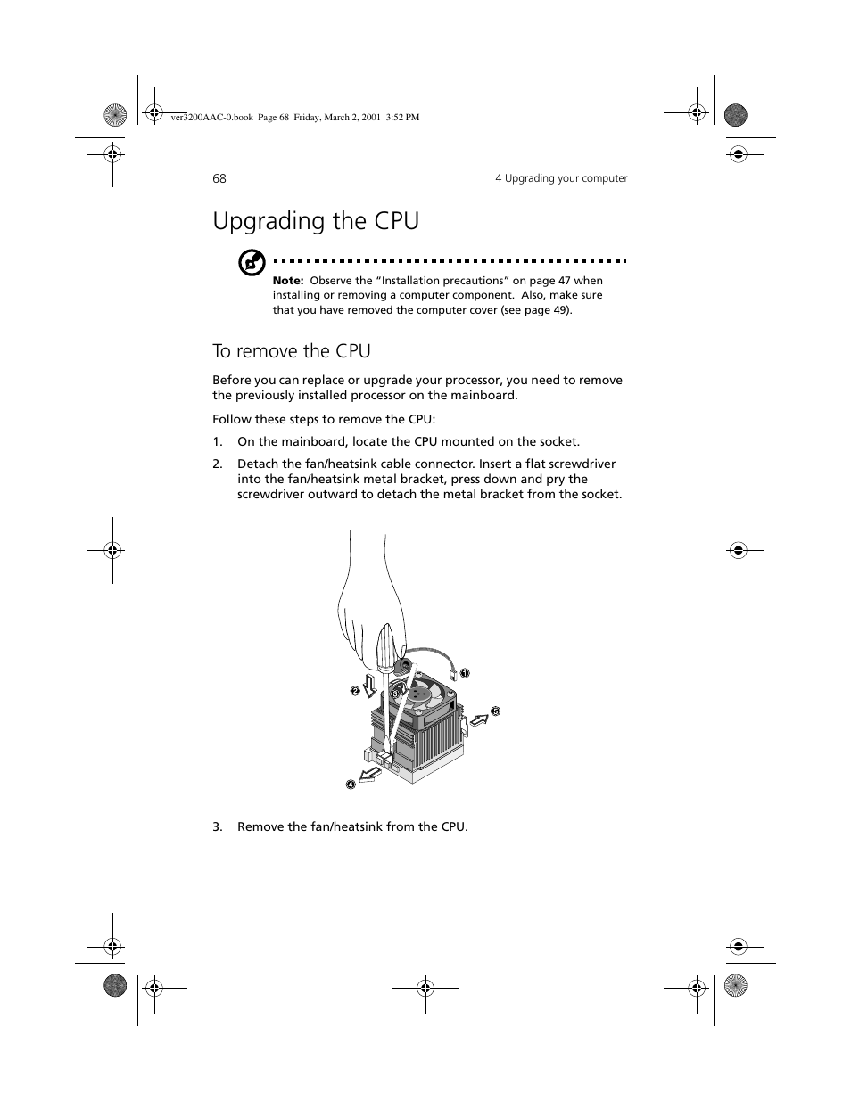 Upgrading the cpu | Acer 3200 User Manual | Page 78 / 96